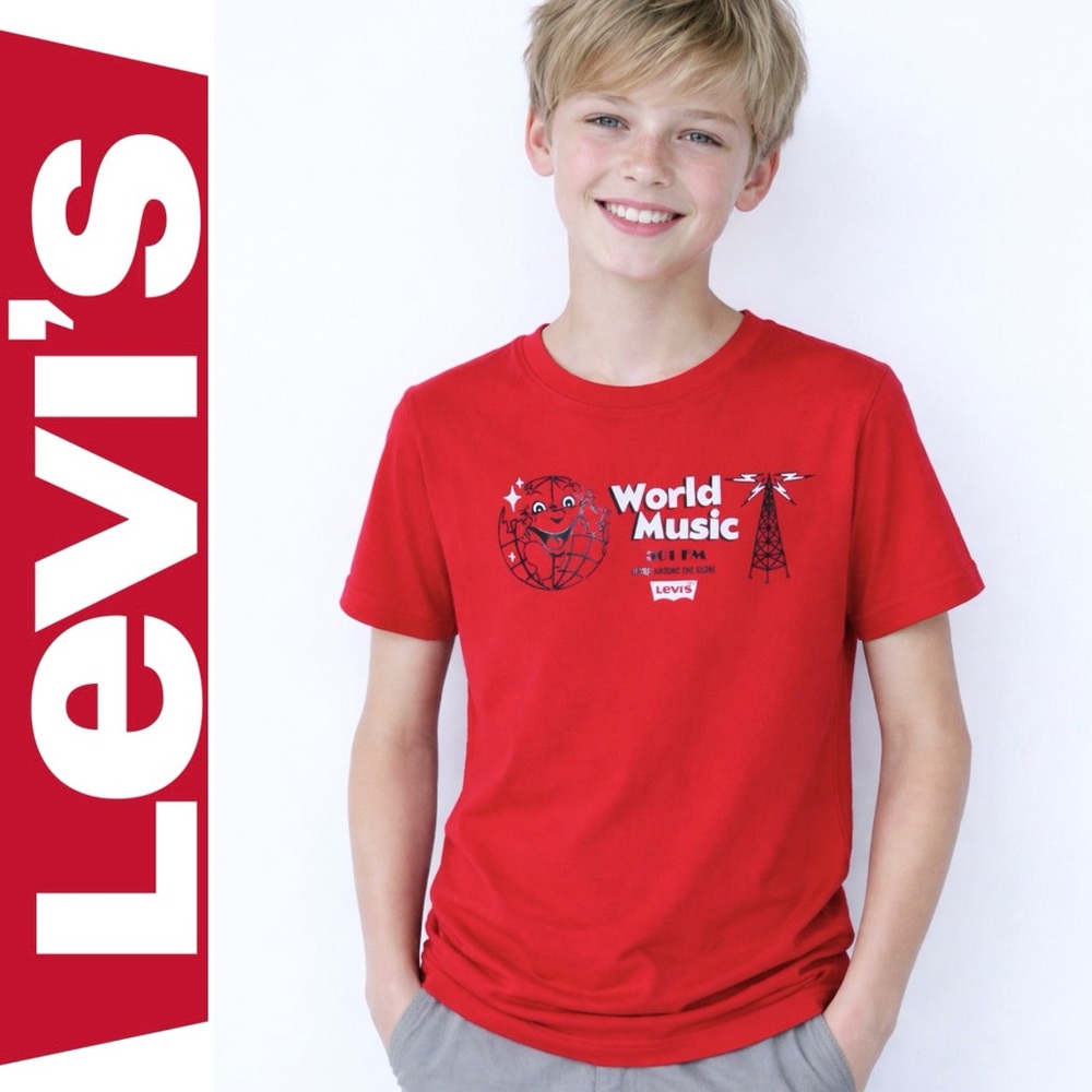 Levis T-Shirt Boys Graphic “Word Music” 100% Cotton Short Sleeve Red